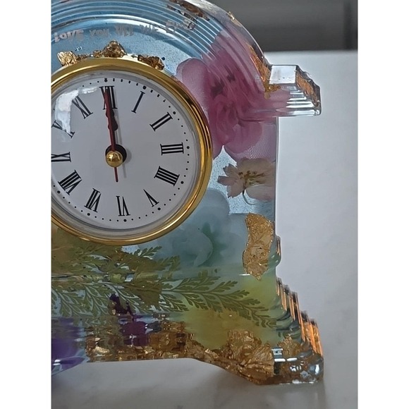 Handmade Resin Desk Clock Decoration Gift Clear With Multi Colored Flowers 733 - Picture 4 of 10